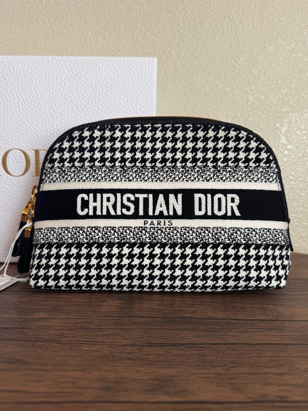 NEW DIOR Large Houndstooth Embroidered Dome Pouch